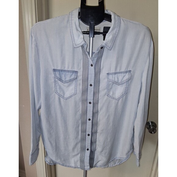 Knox Rose Tops - Women's Knox Rose Light Wash Chambray Button-Front w/ Lace Trim & Lace-Up Back L